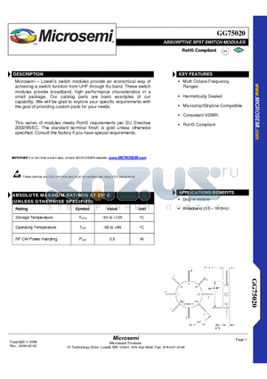 GG75020 datasheet - ABSORPTIVE SP5T SWITCH MODULES