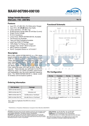 MAAV-007090-000100 datasheet - Voltage Variable Absorptive Attenuator, 1700 - 2000 MHz