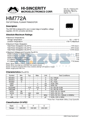 HM772A datasheet - PNP EPITAXIAL PLANAR TRANSISTOR