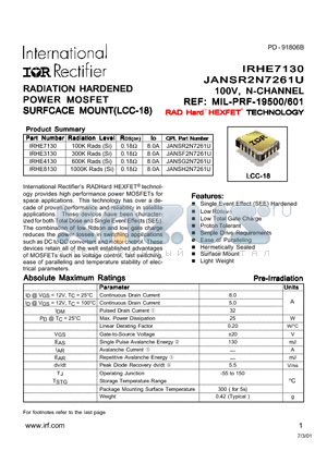 JANSF2N7261U datasheet - RADIATION HARDENED POWER MOSFET SURFCACE MOUNT(LCC-18)