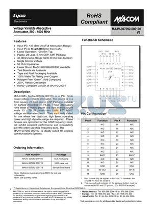 MAAV-007092-000100 datasheet - Voltage Variable Attenuator 800 - 1000 MHz