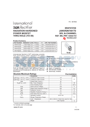 JANSF2N7491T2 datasheet - RADIATION HARDENED POWER MOSFET THRU-HOLE (TO-39)