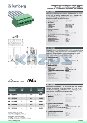 MC310-508 datasheet - Steckbare Anschlussklemmen, Raster 5,08 mm