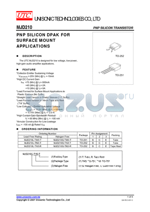 MJD210L-TN3-R datasheet - PNP SILICON DPAK FOR SURFACE MOUNT APPLICATIONS