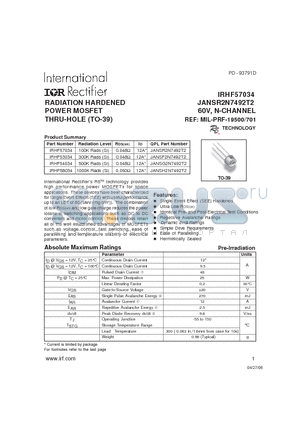 JANSG2N7492T2 datasheet - RADIATION HARDENED POWER MOSFET THRU-HOLE (TO-39)