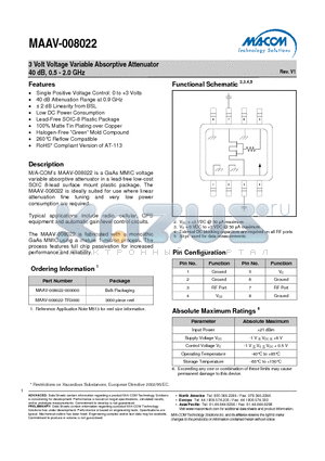 MAAV-008022-000000 datasheet - 3 Volt Voltage Variable Absorptive Attenuator 40 dB, 0.5 - 2.0 GHz