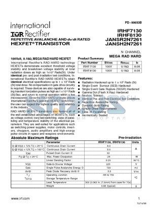 JANSH2N7261 datasheet - REPETITIVE AVALANCHE AND dv/dt RATED HEXFET TRANSISTOR