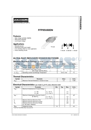 FFP05U60DN datasheet - ULTRA FAST RECOVERY POWER RECTIFIER