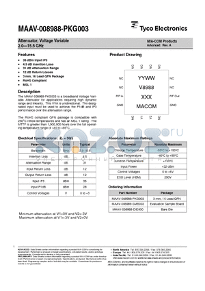 MAAV-008988-DIE000 datasheet - Attenuator, Voltage Variable, 2.0.15.5 GHz