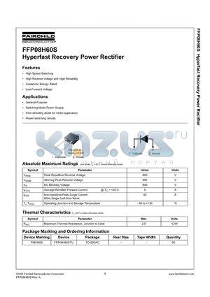 FFP08H60STU datasheet - Hyperfast Recovery Power Rectifier