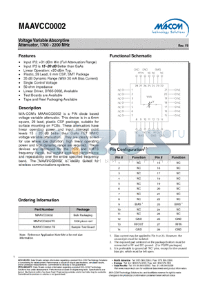 MAAVCC0002 datasheet - Voltage Variable Absorptive Attenuator, 1700 - 2200 MHz