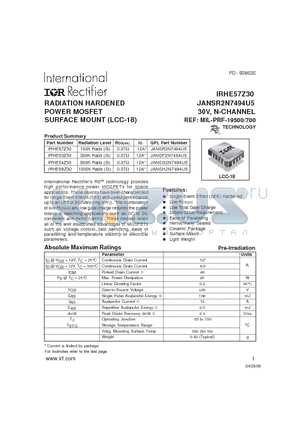 JANSH2N7494U5 datasheet - RADIATION HARDENED POWER MOSFET SURFACE MOUNT (LCC-18)