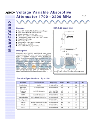 MAAVCC0002TR datasheet - Voltage Variable Absorptive Attenuator 1700 - 2200 MHz