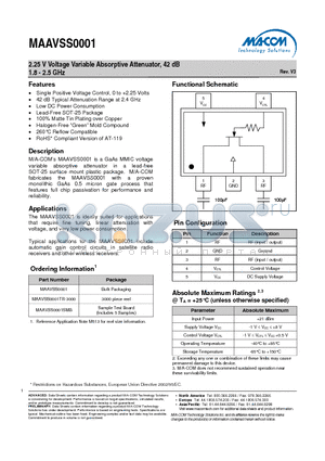 MAAVSS0001SMB datasheet - 2.25 V Voltage Variable Absorptive Attenuator, 42 dB 1.8 - 2.5 GHz