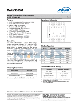 MAAVSS0004 datasheet - Voltage Variable Absorptive Attenuator 35 dB, DC - 2.0 GHz