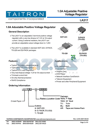 LA317T-XX-BL datasheet - 1.0A Adustable Positive Voltage Regulator