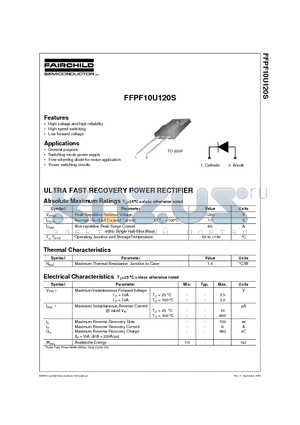 FFPF10U120STU datasheet - ULTRA FAST RECOVERY POWER RECTIFIER