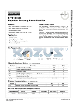 FFPF10H60STU datasheet - Hyperfast Recovery Power Rectifier