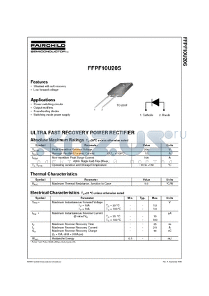 FFPF10U20 datasheet - ULTRA FAST RECOVERY POWER RECTIFIER