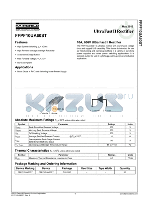 FFPF10UA60ST datasheet - 10A, 600V Ultra Fast II Rectifier