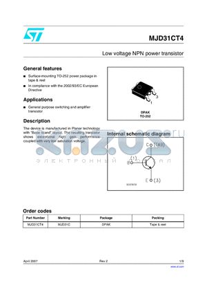 MJD31CT4 datasheet - Low voltage NPN power transistor