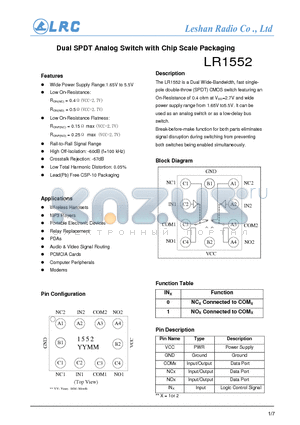 LR1552 datasheet - Dual SPDT Analog Switch with Chip Scale Packaging
