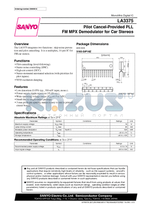 LA3375 datasheet - Pilot Cancel-Provided PLL FM MPX Demodulator for Car Stereos