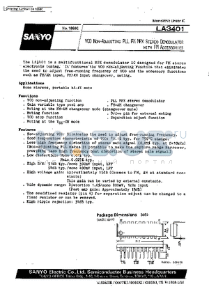 LA3401 datasheet - VCO Non-Adjusting PLL FM MPX Stereo Demodulator with FM Accessories