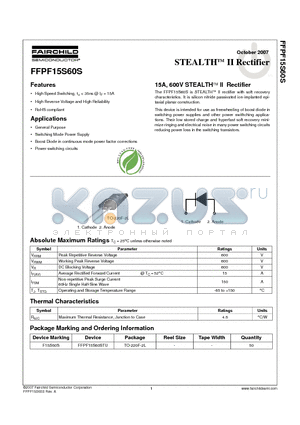 FFPF15S60S datasheet - 15A, 600V STEALTHTM II Rectifier