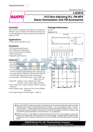 LA3410 datasheet - VCO Non-Adjusting PLL FM MPX Stereo Demodulator with FM Accessories