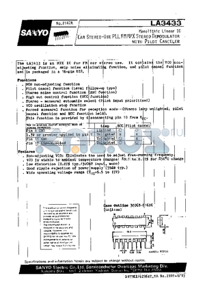 LA3433 datasheet - Car Stereo-Use PLL FM MPX Stereo Demodulator with Pilot Canceler