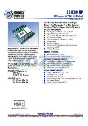 GHBW53V08SRG001 datasheet - BOLERO HP 48V Input, 53VDC, 8A Output