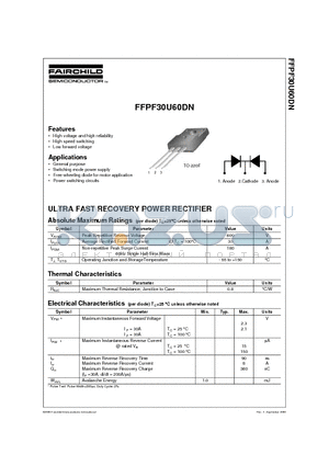 FFPF30U60DN datasheet - ULTRA FAST RECOVERY POWER RECTIFIER