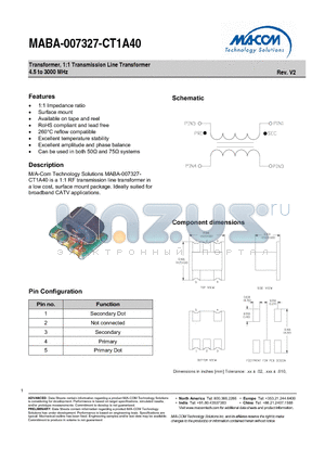 MABA-007327-CT1A40_V2 datasheet - Transformer, 1:1 Transmission Line Transformer