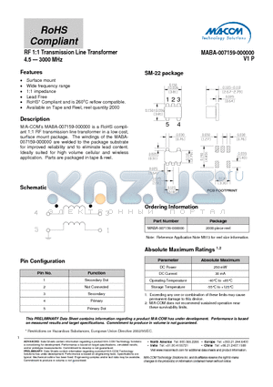 MABA-007159-000000 datasheet - RF 1:1 Transmission Line Transformer 4.5 - 3000 MHz