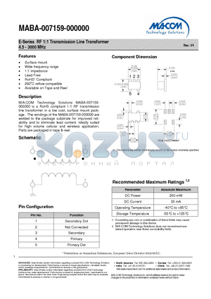 MABA-007159-000000 datasheet - E-Series RF 1:1 Transmission Line Transformer