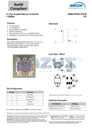 MABA-007493-CF4160 datasheet - 4:1 Flux Coupled Step-up Transformer 1-350MHz