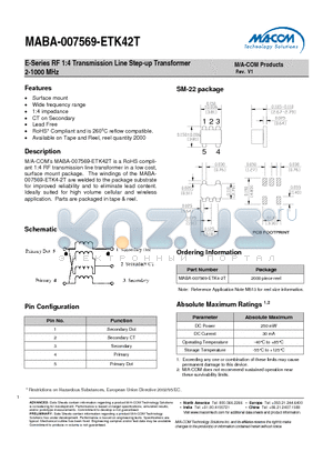 MABA-007569-ETK4-2T datasheet - E-Series RF 1:4 Transmission Line Step-up Transformer 2-1000 MHz