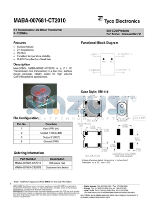 MABA-007681-CT20TB datasheet - 2:1 Transmission Line Balun Transformer