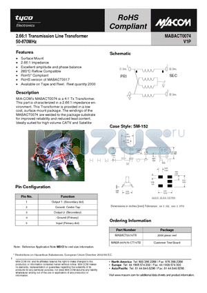 MABA-007970-CT74TB datasheet - 2.66:1 Transmission Line Transformer 50-870MHz