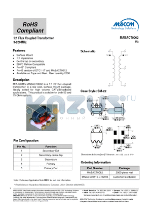 MABA-008115-CT62TB datasheet - 1:1 Flux Coupled Transformer 3-200MHz