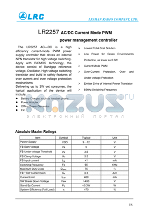 LR2257 datasheet - AC/DC Current Mode PWM power management controller