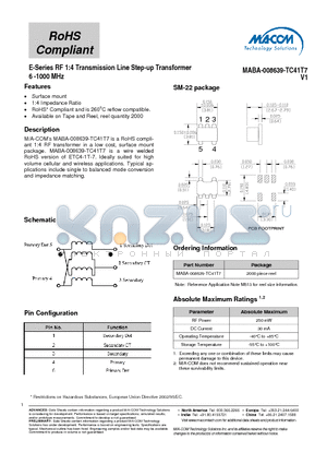 MABA-008639-TC41T7 datasheet - E-Series RF 1:4 Transmission Line Step-up Transformer 6 -1000 MHz