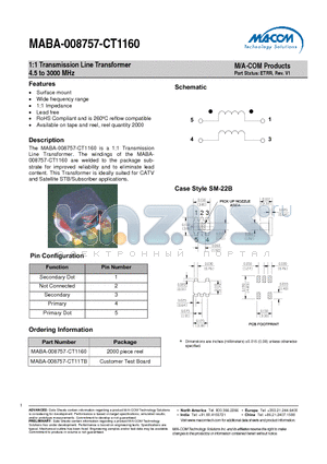 MABA-008757-CT1160 datasheet - 1:1 Transmission Line Transformer 4.5 to 3000 MHz