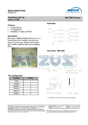 MABA-008980-CF0290 datasheet - Transformer with Tap 0.05 to 1.0 GHz