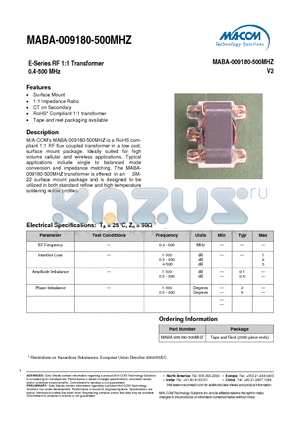 MABA-009180-500MHZ datasheet - E-Series RF 1:1 Transformer 0.4-500 MHz