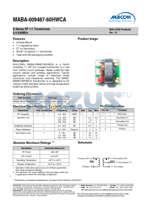 MABA-009487-60HWCA datasheet - E-Series RF 1:1 Transformer 0.4-500MHz