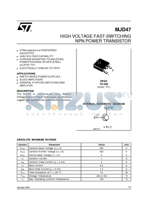 MJD47 datasheet - HIGH VOLTAGE FAST-SWITCHING NPN POWER TRANSISTOR