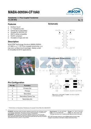 MABA-009594-CF18TB datasheet - Transformer, 1:1 Flux Coupled Transformer