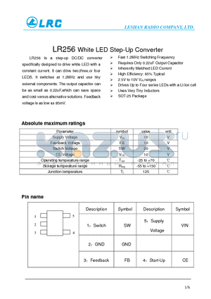 LR256 datasheet - Fast 1.2MHz Switching Frequency Requires Only 0.22uF Output Capacitor